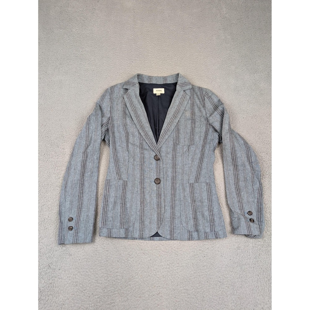 Fossil Blazer Womens 2 Gray Striped Ramie Cotton Two‎ Button Lined Jacket Casual